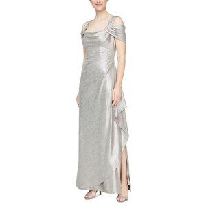 NEW Alex Evenings Womens Long Glitter Mesh Cold Shoulder Dress sz 12 silver